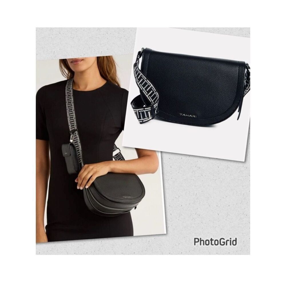 NWT Tahari 2 Pieces Black Marcy Expandable Crescent Crossbody Bag & Phone Pouch
